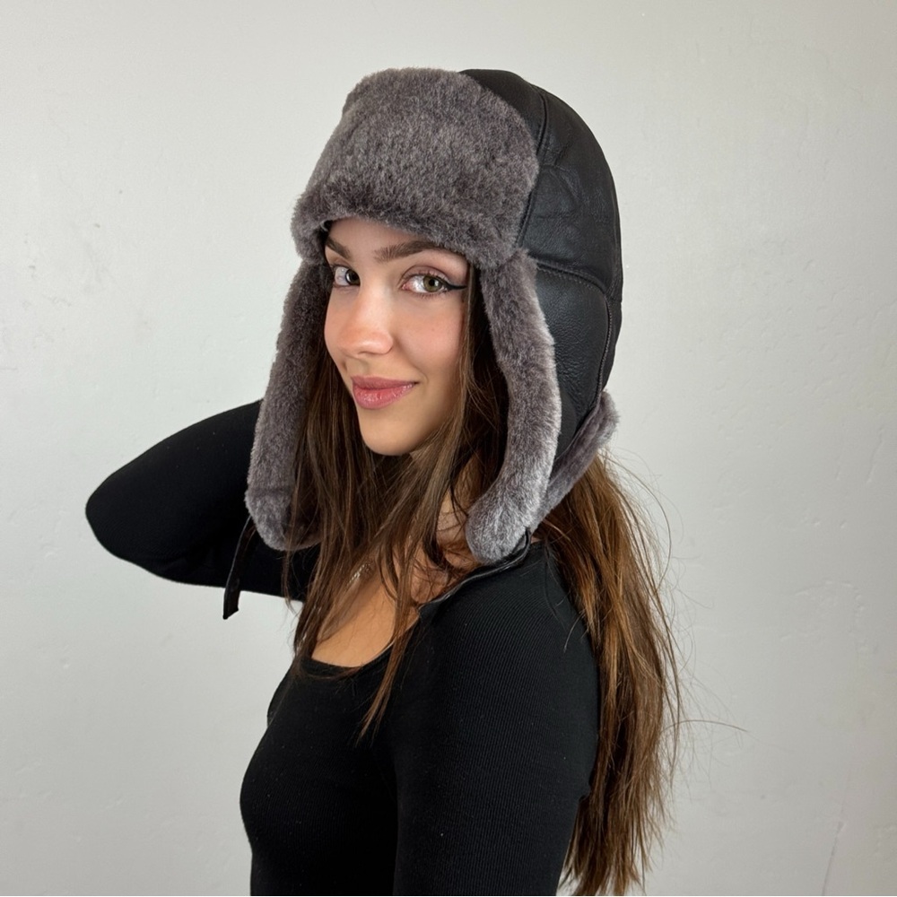 Shearling Sheepskin Leather Trapper Hat Aviator winter hat Ushanka with ear flap